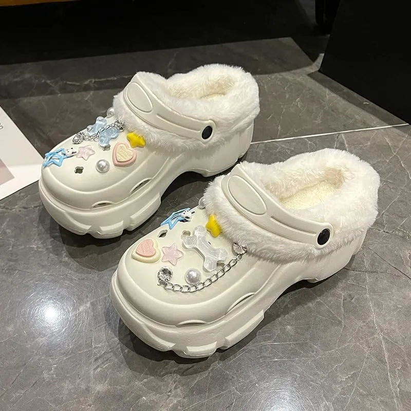 Solid Color Thermal Lined Clogs, Slip On Soft Sole Platform Non-Slip Fuzzy Shoes, Winter Plush Closed Toe Shoes