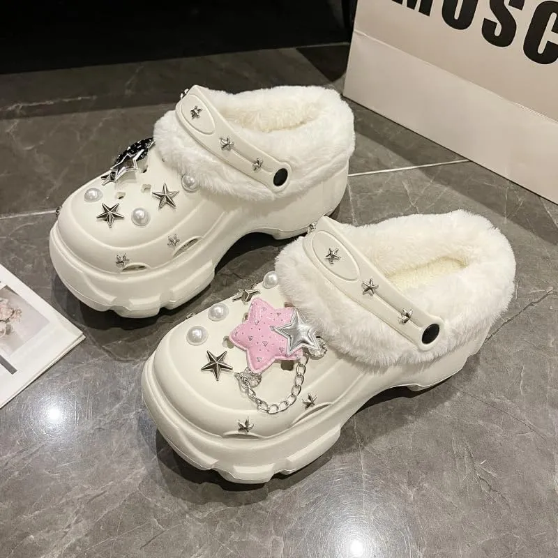 Solid Color Thermal Lined Clogs, Slip On Soft Sole Platform Non-Slip Fuzzy Shoes, Winter Plush Closed Toe Shoes