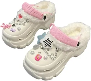 Solid Color Thermal Lined Clogs, Slip On Soft Sole Platform Non-Slip Fuzzy Shoes, Winter Plush Closed Toe Shoes