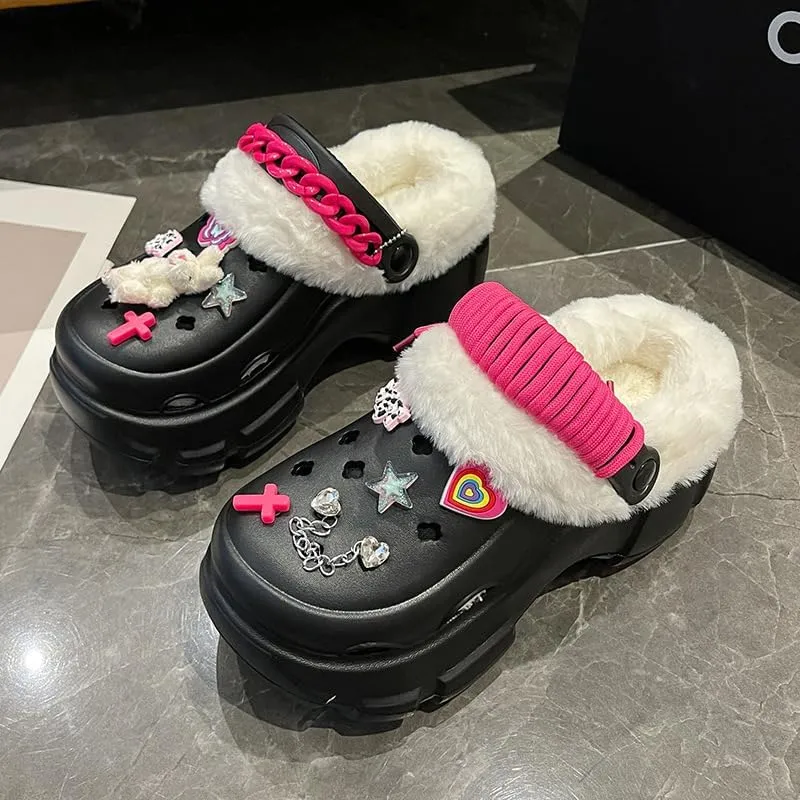 Solid Color Thermal Lined Clogs, Slip On Soft Sole Platform Non-Slip Fuzzy Shoes, Winter Plush Closed Toe Shoes