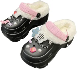 Solid Color Thermal Lined Clogs, Slip On Soft Sole Platform Non-Slip Fuzzy Shoes, Winter Plush Closed Toe Shoes