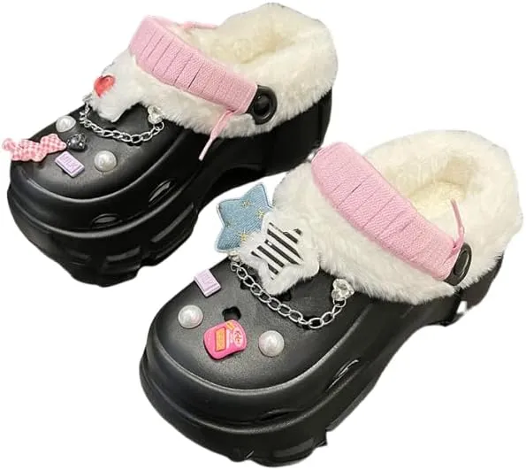 Solid Color Thermal Lined Clogs, Slip On Soft Sole Platform Non-Slip Fuzzy Shoes, Winter Plush Closed Toe Shoes