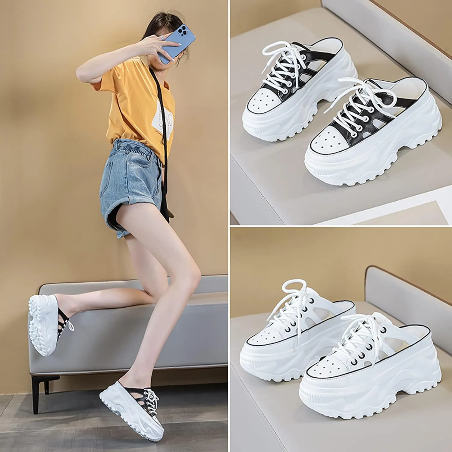 SOLPNOW Women's Leather Hollow Breathable Platform Mule Sandals,Breathable Non-Slip Comfortable Closed Toe Slip On Clog Mules
