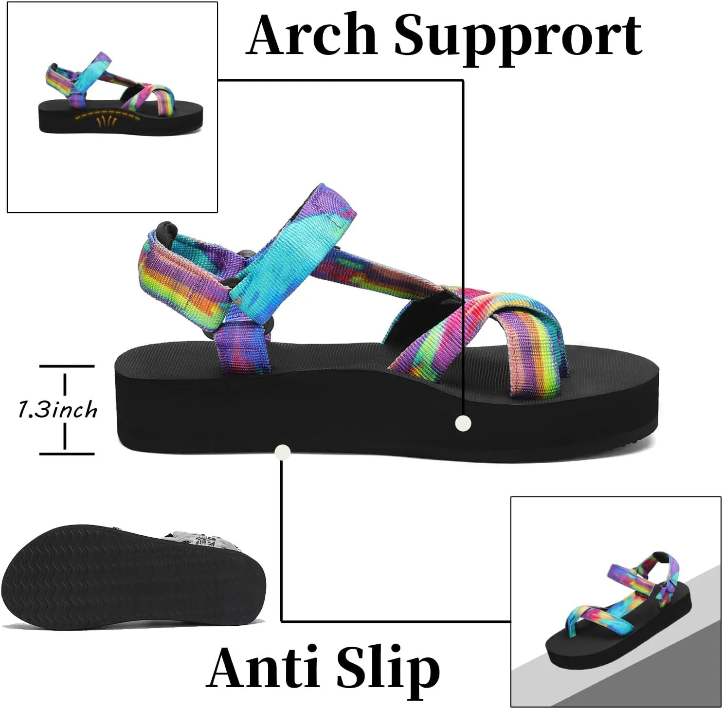 Sport Walking Water Sandals for Women with Arch Support & Adjustable Straps Platform Sandals Women Height Increase