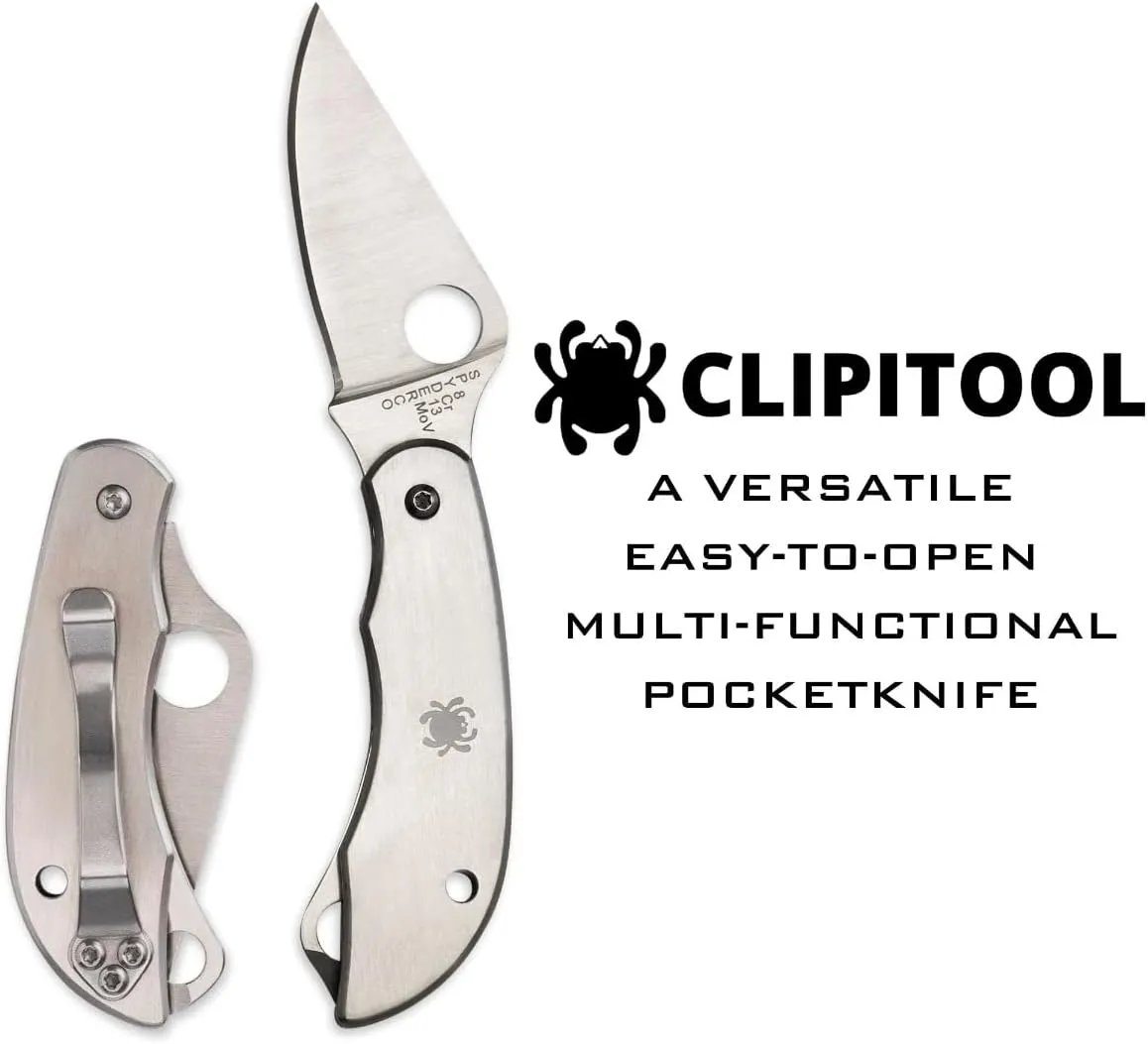 Spyderco ClipiTool Multi-Functional Stainless Steel Utility Pocket Knife with 2" Steel Blade and Screwdriver/Bottle Opener - PlainEdge - C175P