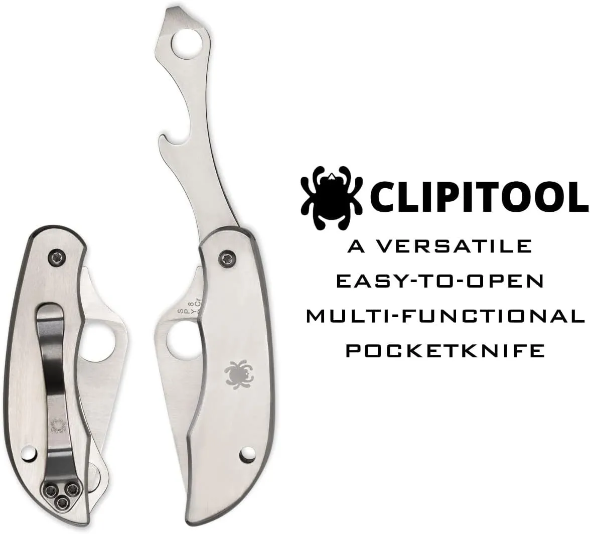 Spyderco ClipiTool Multi-Functional Stainless Steel Utility Pocket Knife with 2" Steel Blade and Screwdriver/Bottle Opener - PlainEdge - C175P