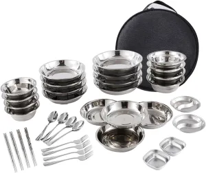 Stainless Steel Plates and Bowls Camping Set Small and Large Dinnerware for Kids, Adults, Camping Family, Hiking, Beach