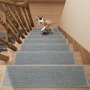 Stair Treads Carpet 4 pcs for Wooden Steps with Non Slip Rubber Backing, 100% Polyester Soft Stairs Resistant Indoor Skid Runner Safety Rugs for Kids Elders and Pets 30" * 8" (Gray-Dense Knitting)