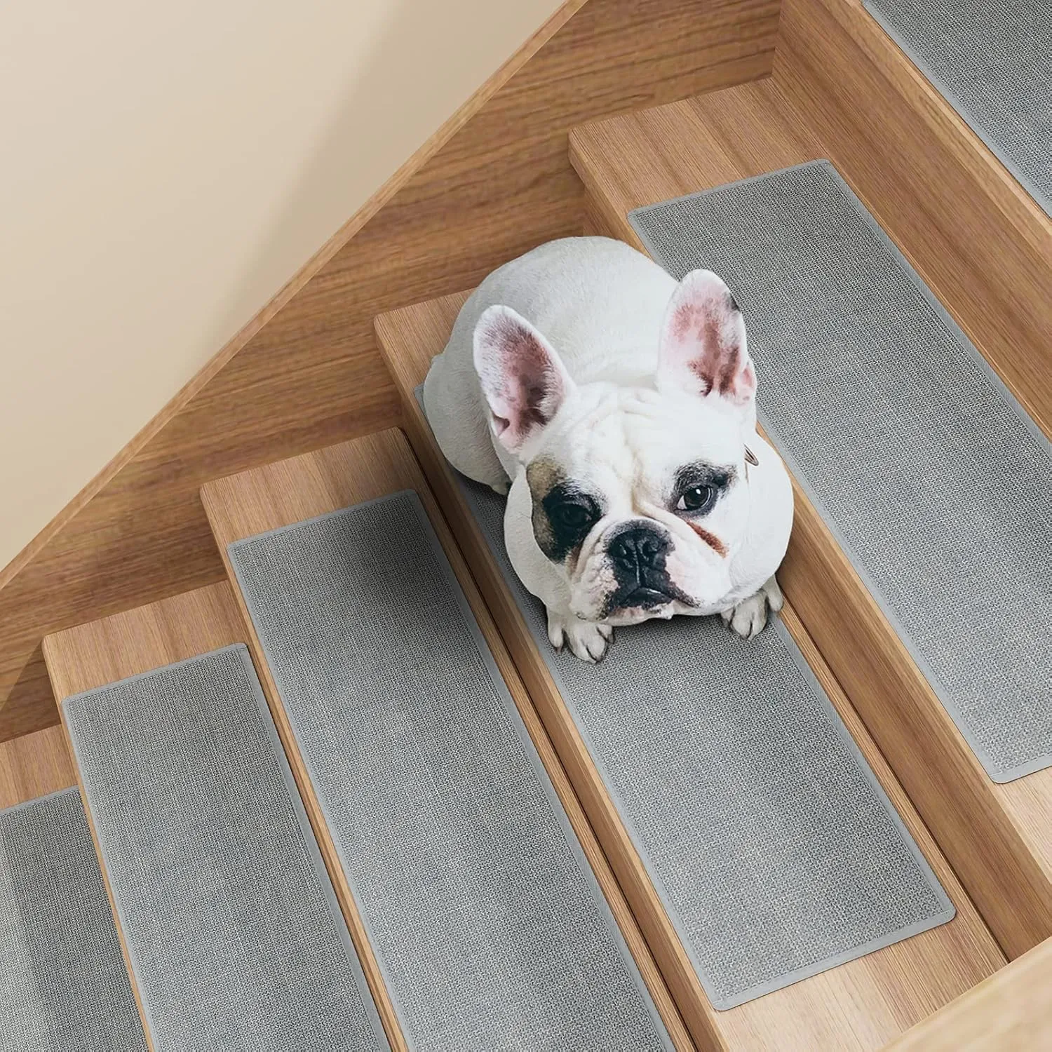 Stair Treads Carpet 4 pcs for Wooden Steps with Non Slip Rubber Backing, 100% Polyester Soft Stairs Resistant Indoor Skid Runner Safety Rugs for Kids Elders and Pets 30" * 8" (Gray-Dense Knitting)