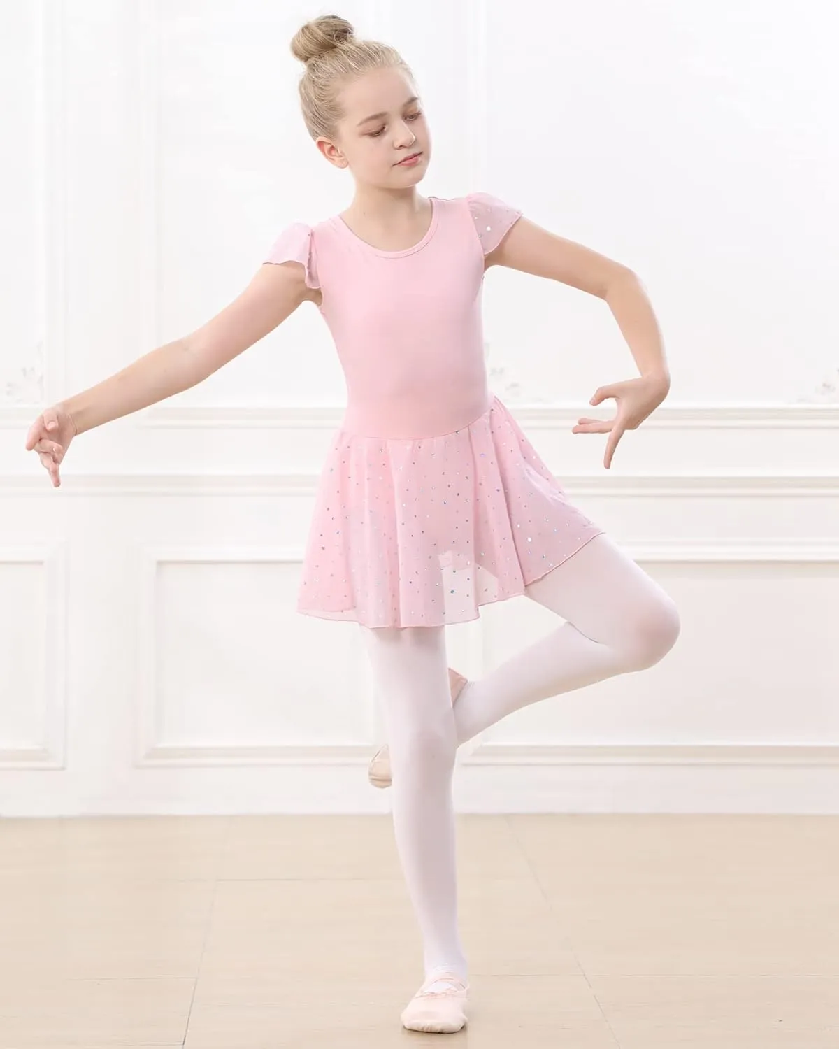 Stelle Ballet Leotards for Girls Dance Leotard with Skirt Toddler Pink Ballet Outfit Ruffle Sleeve Kids Dance Dress