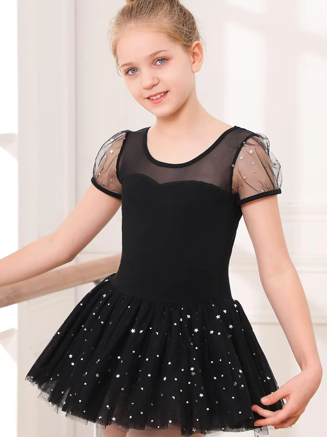 Stelle Puff Sleeve Ballet Leotards for Girls with Sparkly Tutu Skirted Toddler Dance Dress Outfit