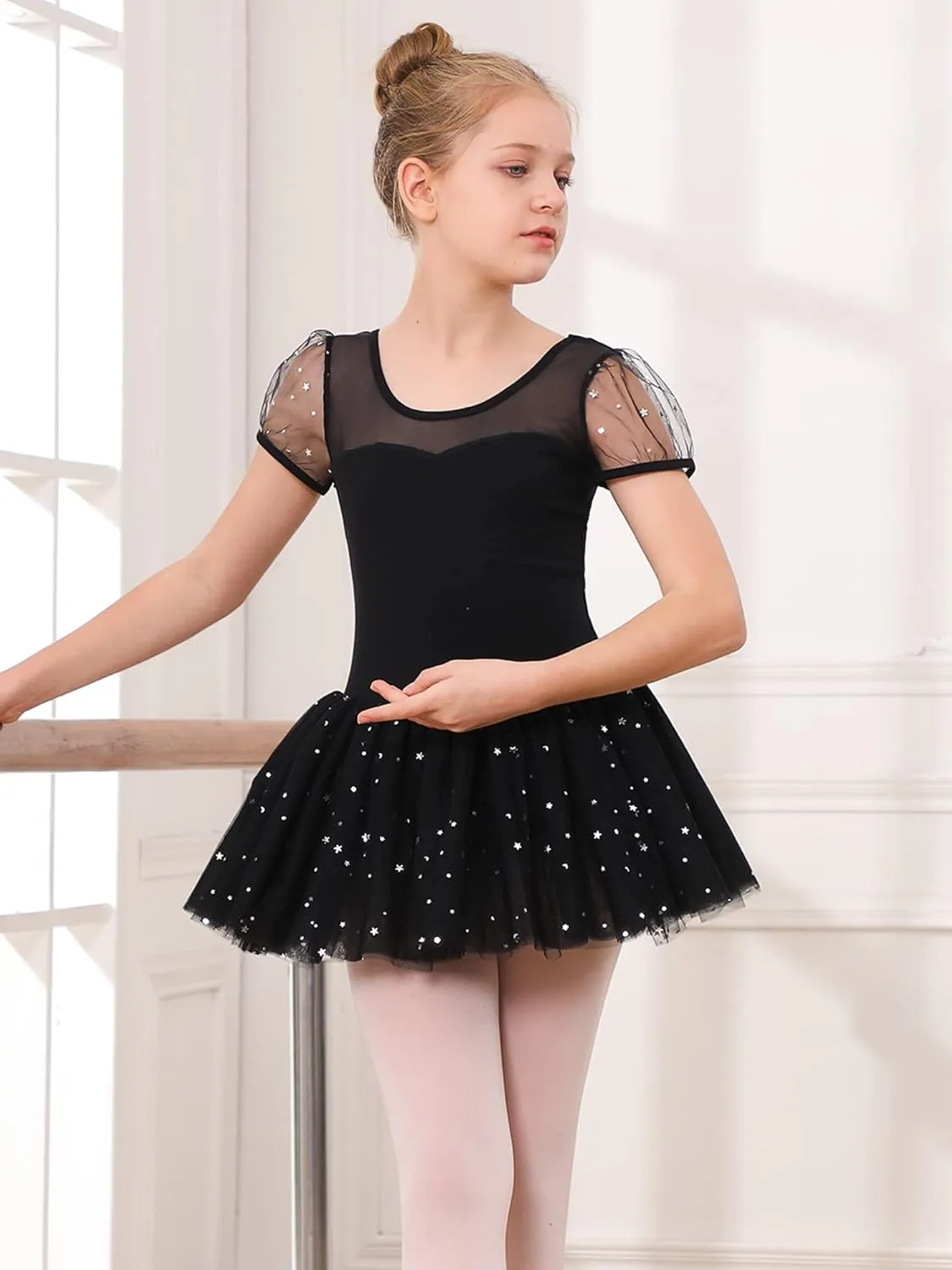 Stelle Puff Sleeve Ballet Leotards for Girls with Sparkly Tutu Skirted Toddler Dance Dress Outfit