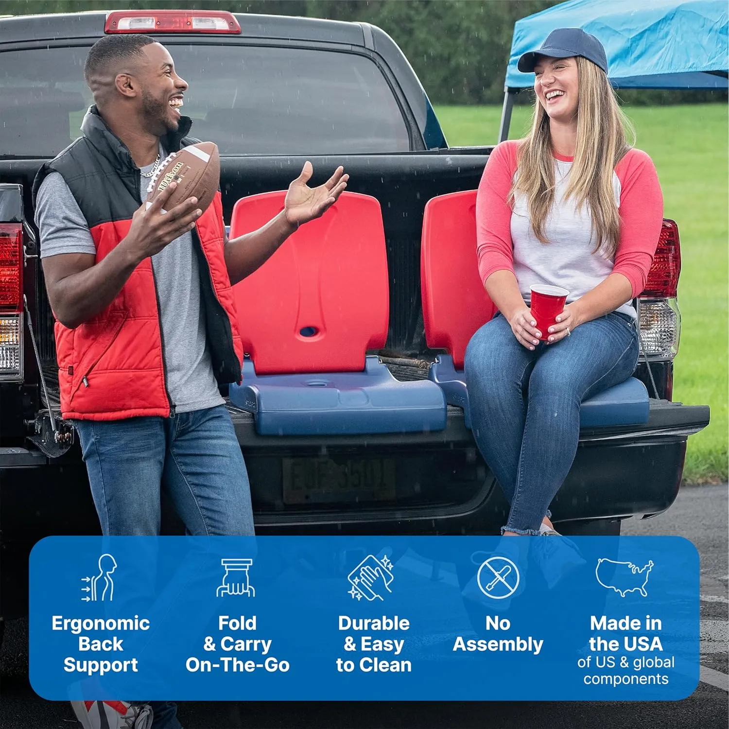 Step2 Folding Flip Seat, Lightweight Portable Outdoor Chair for Poolside, Camping, Beach, Boats, Tailgates, Durable Ground Chair with Back Support for Adults, Red & Blue