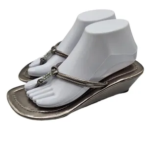 Sun Dance Womens Sz 9 Slip On Flip Flop Wedge Sandals Silver Bronze