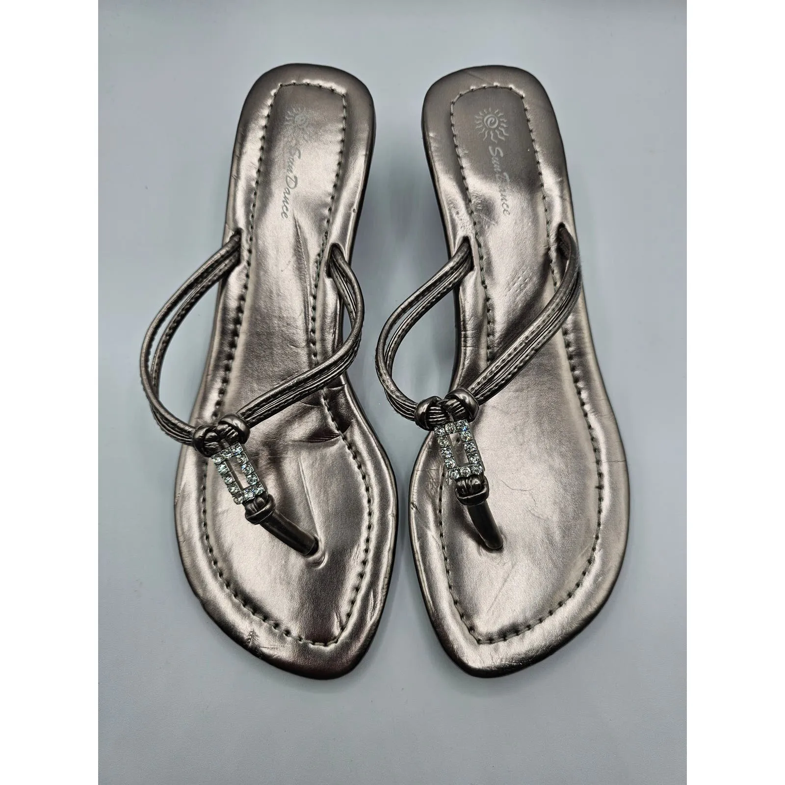 Sun Dance Womens Sz 9 Slip On Flip Flop Wedge Sandals Silver Bronze