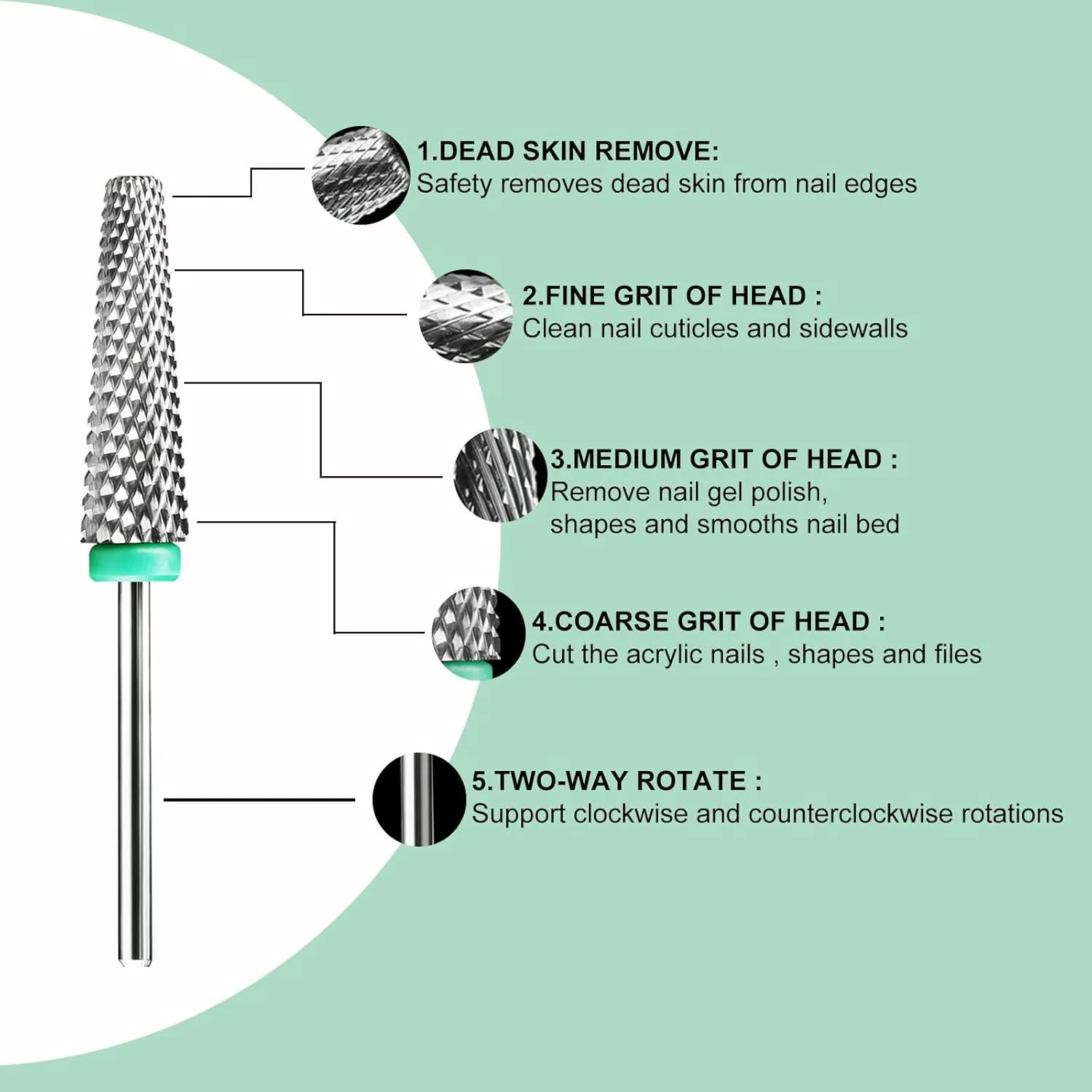 Super Long 5-IN-1 Tungsten Carbide Bit,Electronic Nail Drill Bit for Acrylic Gel Nails Dual Nail Form Remove,3/32 Diameter Nail Bit for E-File Nail Drill(Coarse)