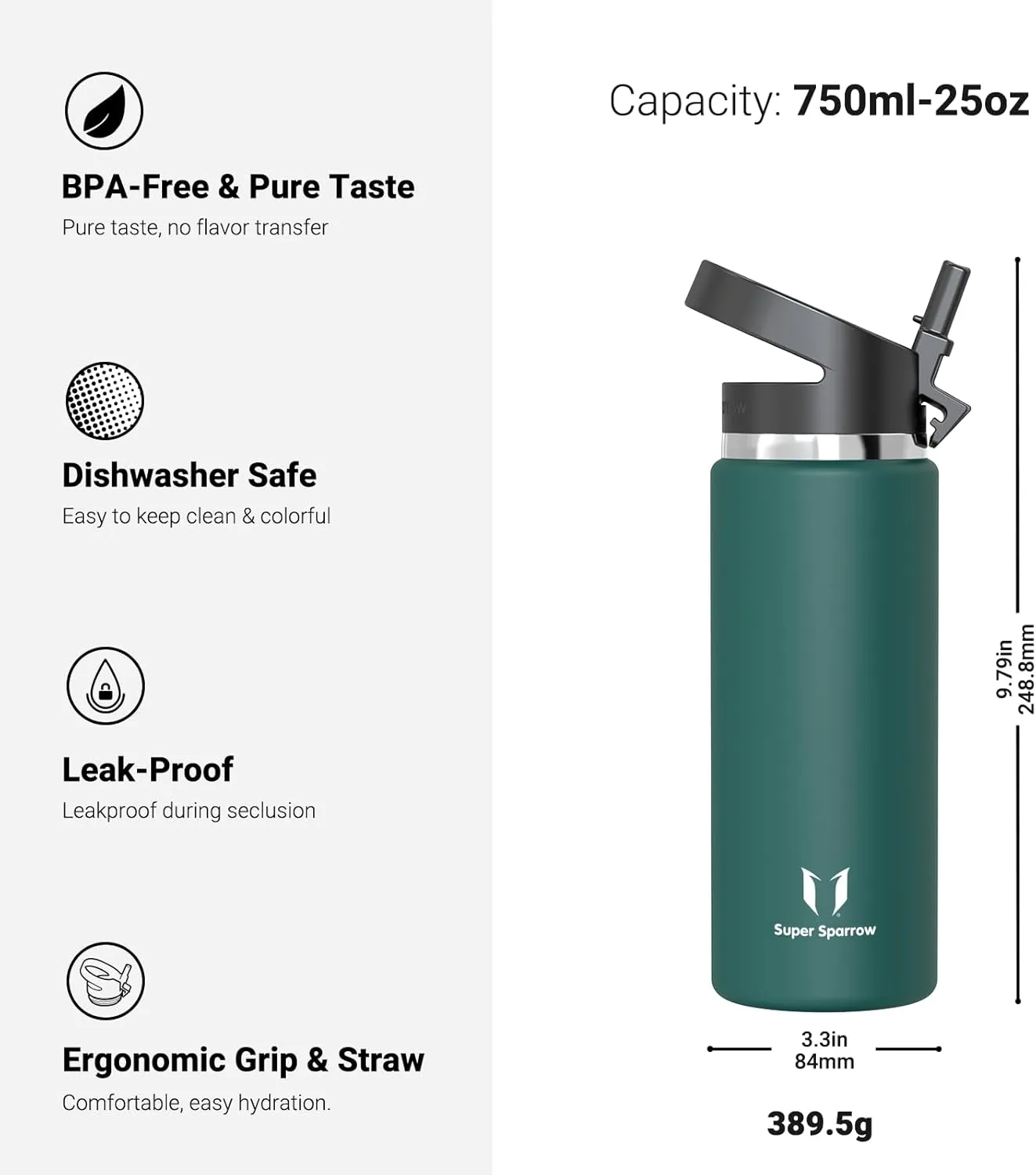 Super Sparrow Water Bottle Insulated - 17 Oz / 25 Oz / 32 Oz - Wide Mouth SwivelSip Flask - BPA Free, Leak Proof Drink Bottle- Ergonomic Straw Water Bottles for Work, Gym, Travel, Sports, Outdoor