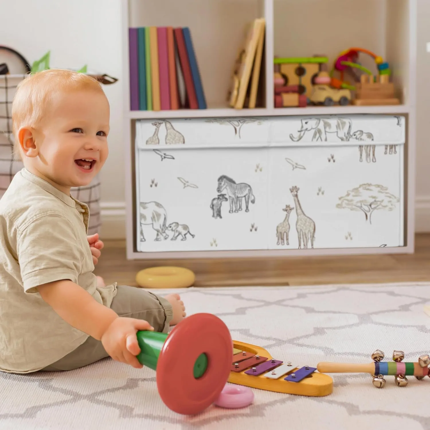 Sweet Jojo Designs Jungle Safari Animals Boy Girl Small Fabric Toy Bin Storage Box Chest Baby Nursery Kids Brown Taupe Black and White Gender Neutral Elephant Giraffe Wildlife Adventure Serengeti