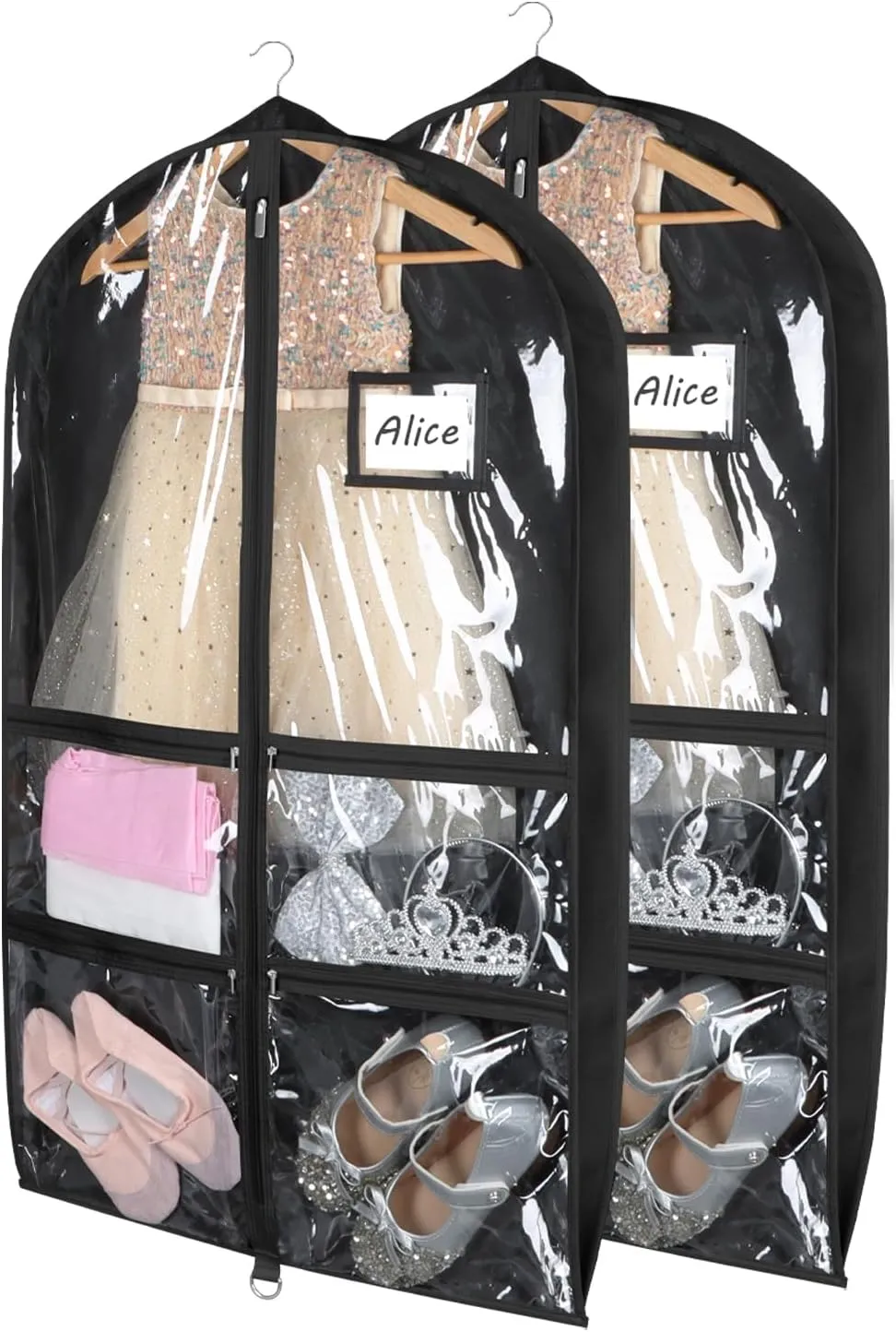 Syeeiex Clear Dance Costume Garment Bag with 3" Gussetes(2 Pack), 40'' Garment Bags for Dance Costumes, Kids Dance Garment Bag with 4 Medium Zippered Pocket - Suitable for Dance Competitions, Ballet