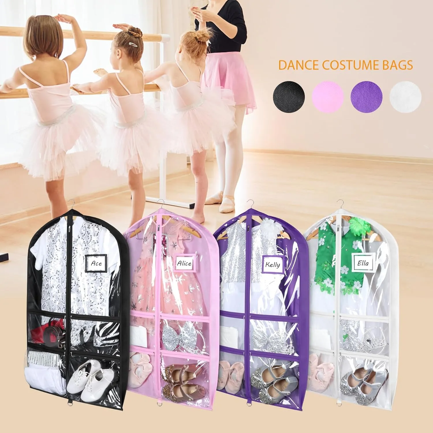 Syeeiex Clear Dance Costume Garment Bag with 3" Gussetes(2 Pack), 40'' Garment Bags for Dance Costumes, Kids Dance Garment Bag with 4 Medium Zippered Pocket - Suitable for Dance Competitions, Ballet