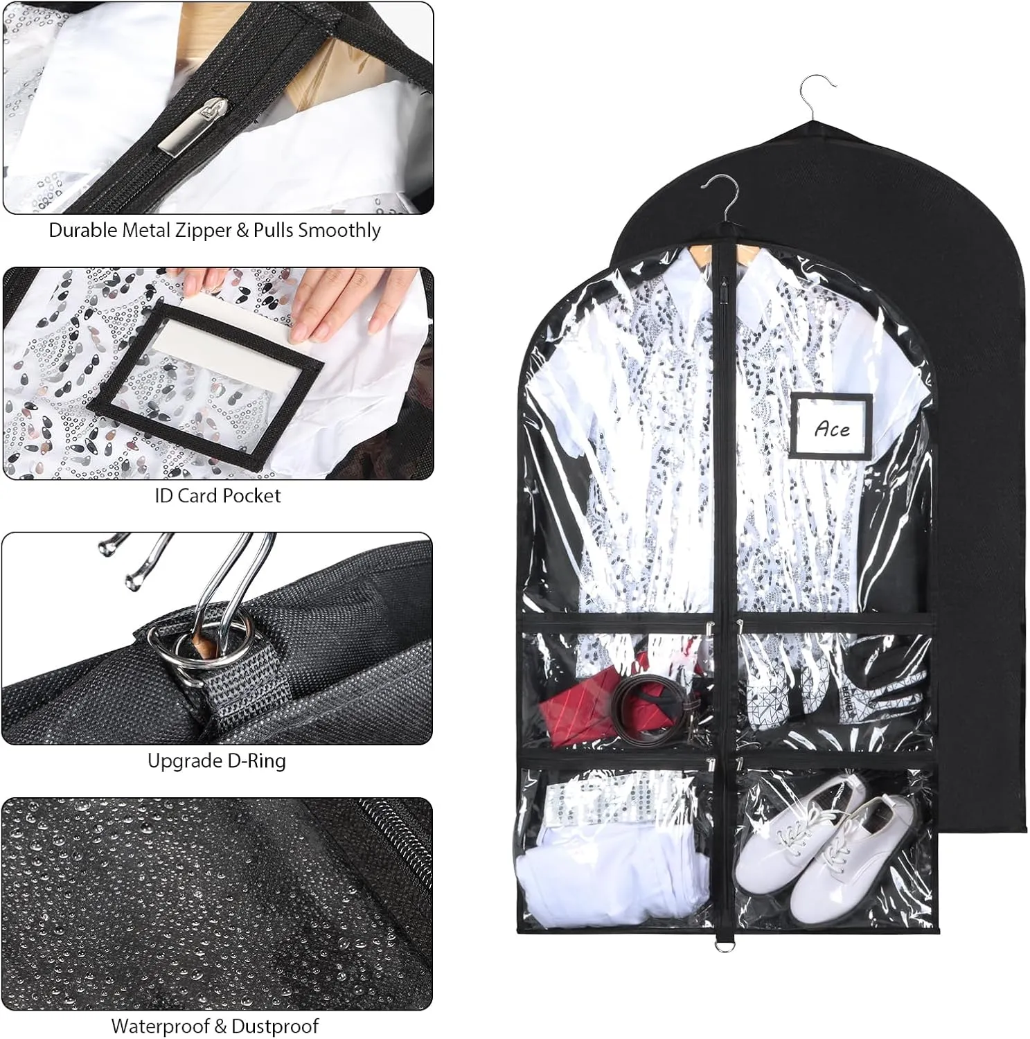 Syeeiex Clear Dance Costume Garment Bag with 3" Gussetes(2 Pack), 40'' Garment Bags for Dance Costumes, Kids Dance Garment Bag with 4 Medium Zippered Pocket - Suitable for Dance Competitions, Ballet