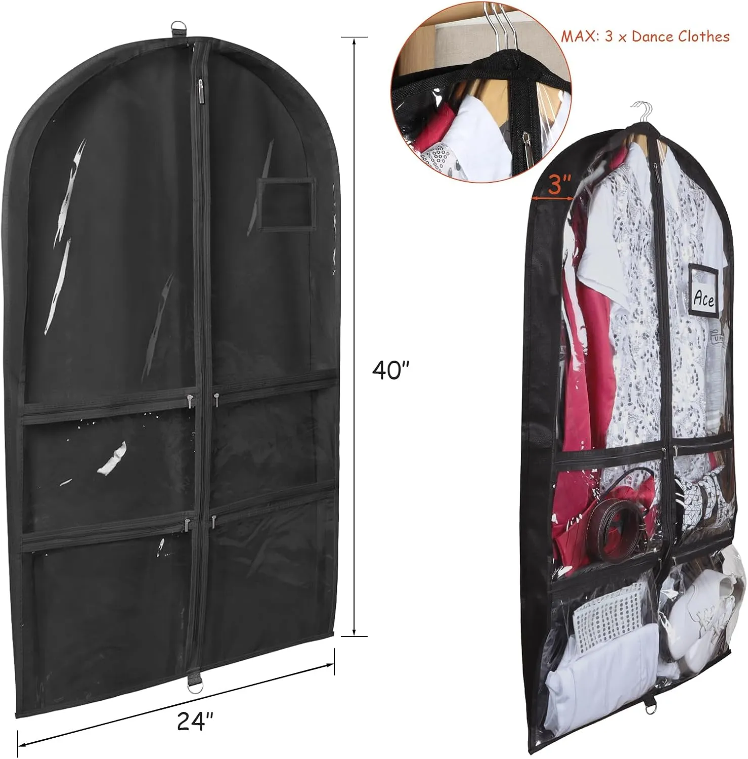 Syeeiex Clear Dance Costume Garment Bag with 3" Gussetes(2 Pack), 40'' Garment Bags for Dance Costumes, Kids Dance Garment Bag with 4 Medium Zippered Pocket - Suitable for Dance Competitions, Ballet