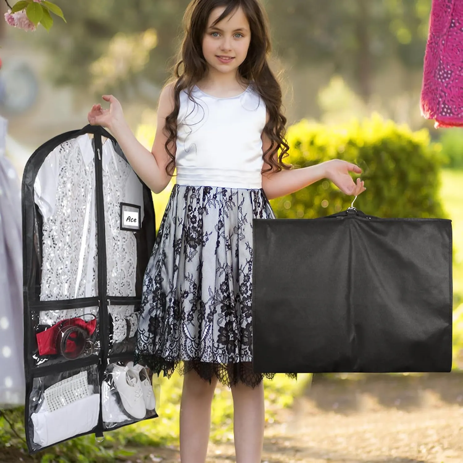 Syeeiex Clear Dance Costume Garment Bag with 3" Gussetes(2 Pack), 40'' Garment Bags for Dance Costumes, Kids Dance Garment Bag with 4 Medium Zippered Pocket - Suitable for Dance Competitions, Ballet