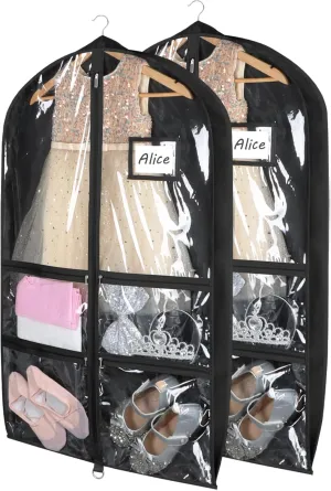 Syeeiex Clear Dance Costume Garment Bag with 3" Gussetes(2 Pack), 40'' Garment Bags for Dance Costumes, Kids Dance Garment Bag with 4 Medium Zippered Pocket - Suitable for Dance Competitions, Ballet