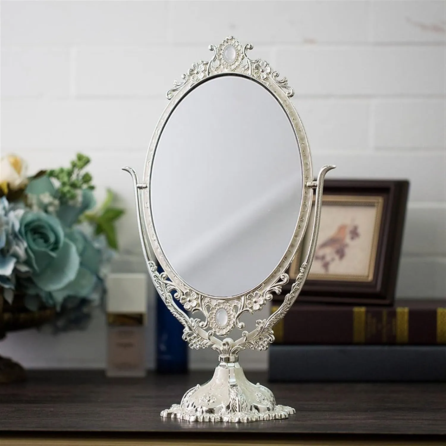 Tabletop Mirror European Style Metal Mirror Desktop Large Double-Sided Makeup Mirror Retro High-Definition Desktop Makeup Mirror Beauty Mirror Standing Vanity Mirror(Silver)
