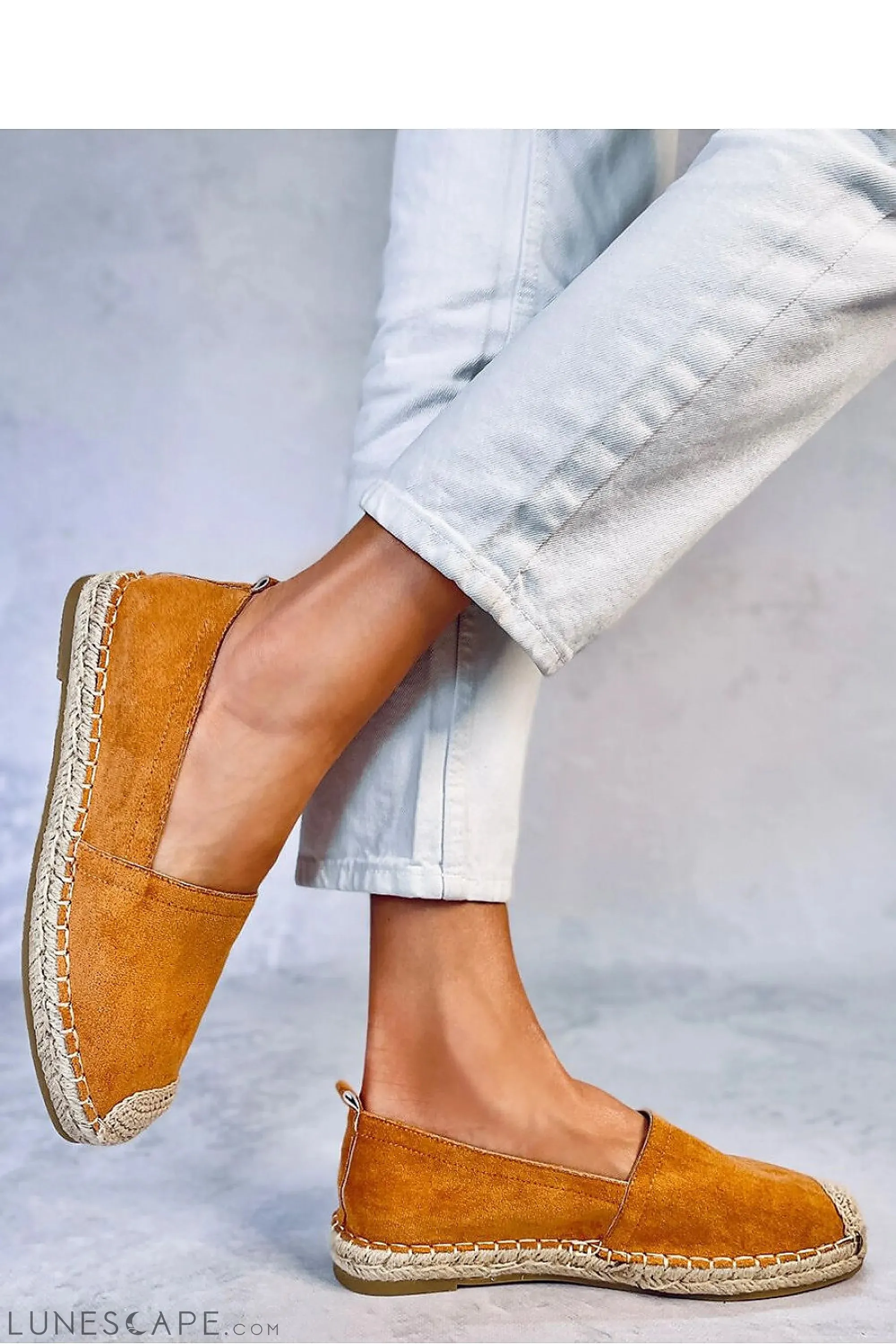 Tan Eco-Suede Espadrille Flats with Woven Jute Sole & Whipstitch Trim