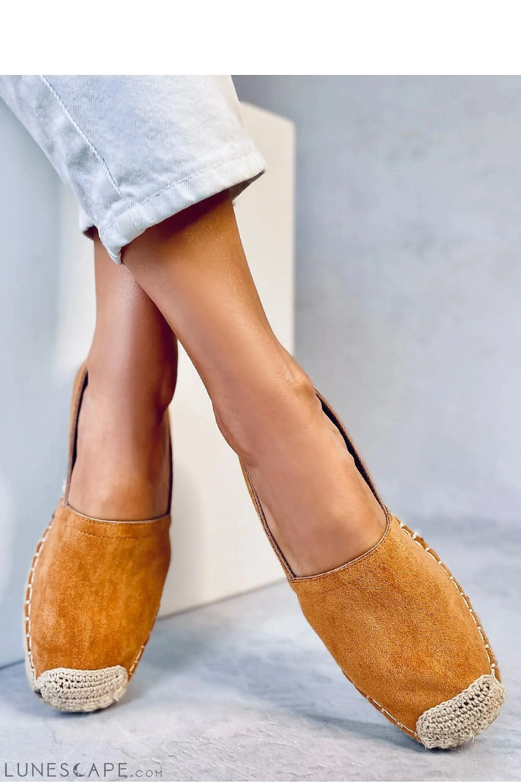 Tan Eco-Suede Espadrille Flats with Woven Jute Sole & Whipstitch Trim