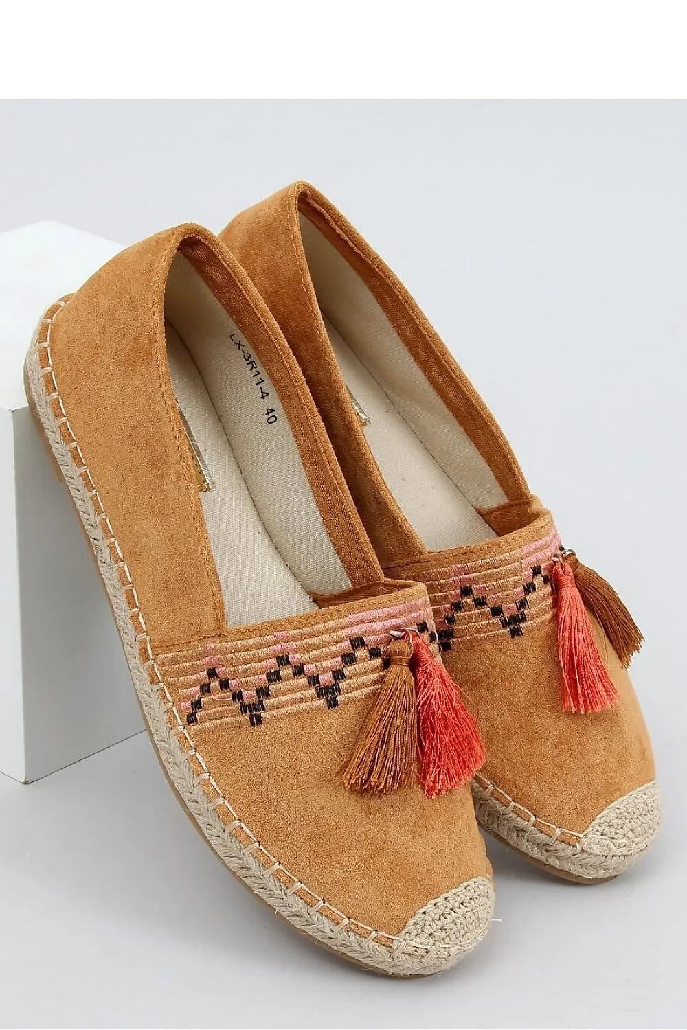 Tan Embroidered Round Toe Boho Women's Espadrille Flats with Tassels