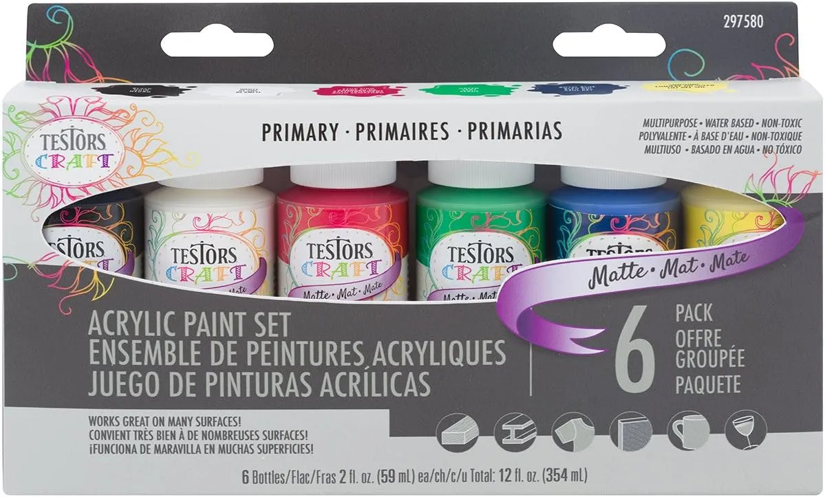 Testors Craft Acrylic Paint Kit, 6 (2 fl oz) bottles, Primary Colors,12Fl Oz