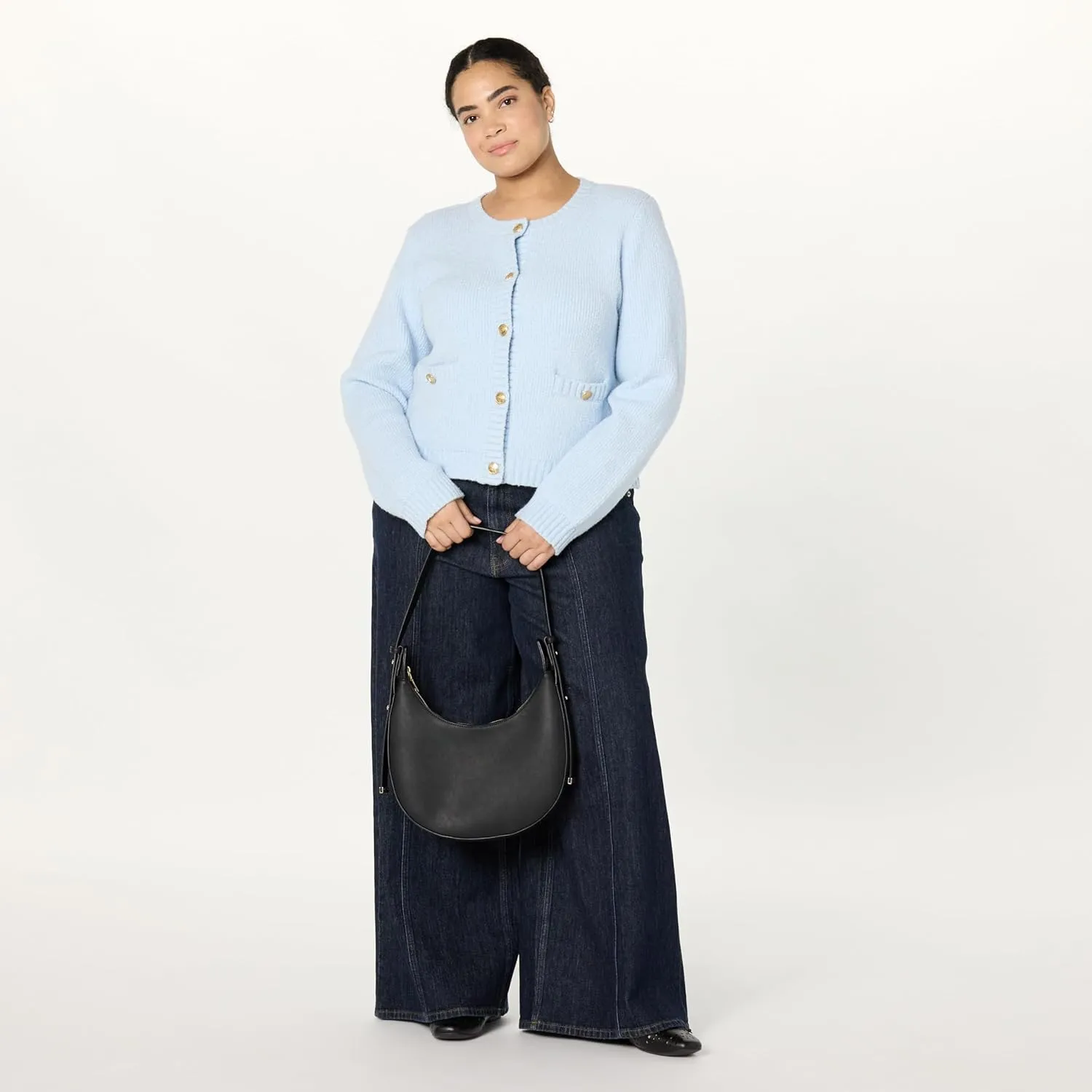 The Drop Women's Plus Size Janice Gold Button Fitted Sweater Cardigan