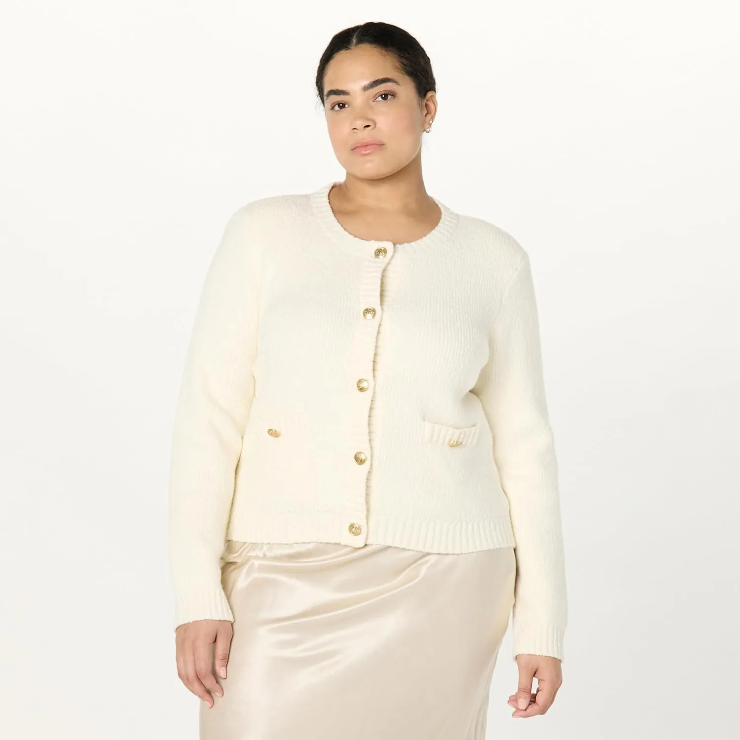 The Drop Women's Plus Size Janice Gold Button Fitted Sweater Cardigan