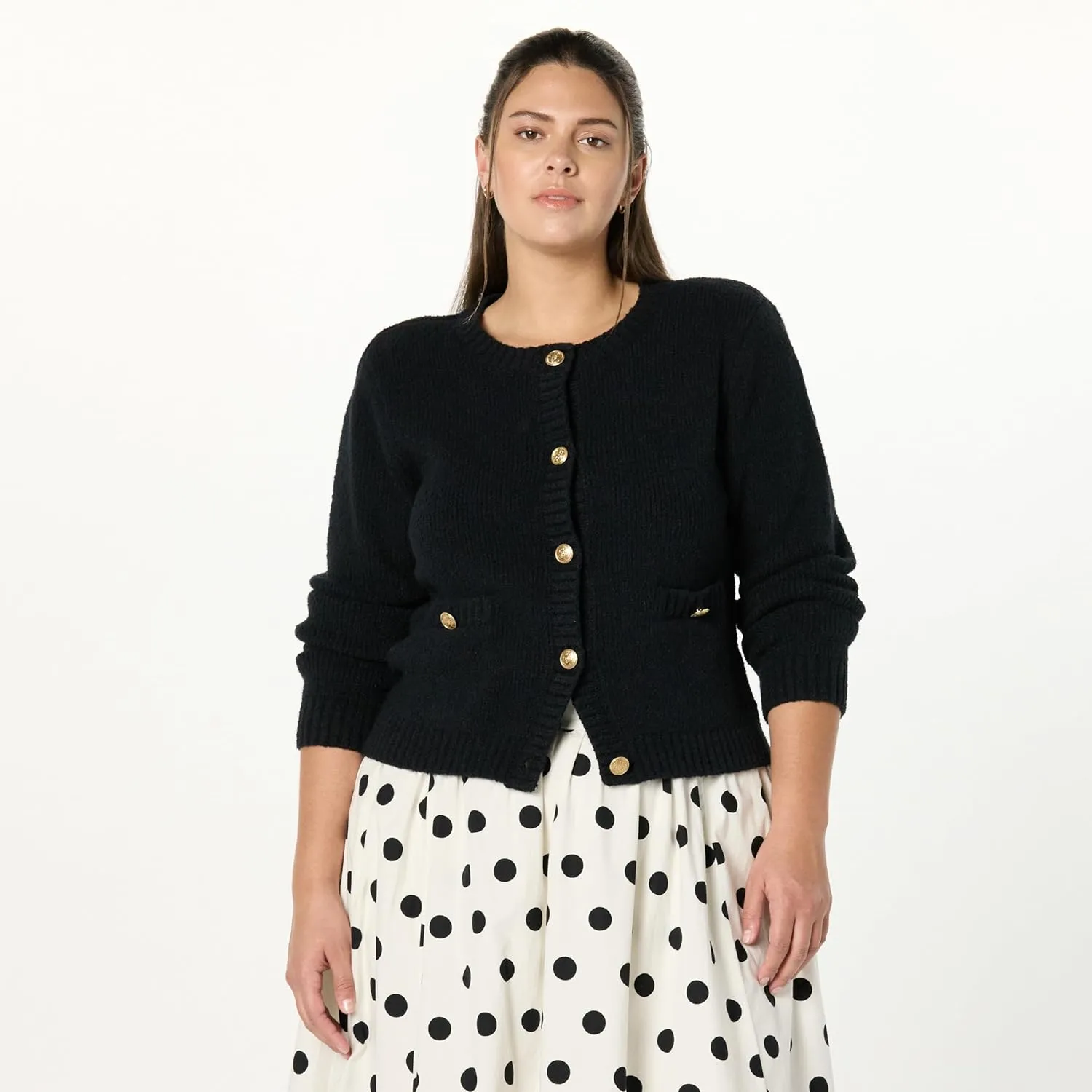 The Drop Women's Plus Size Janice Gold Button Fitted Sweater Cardigan