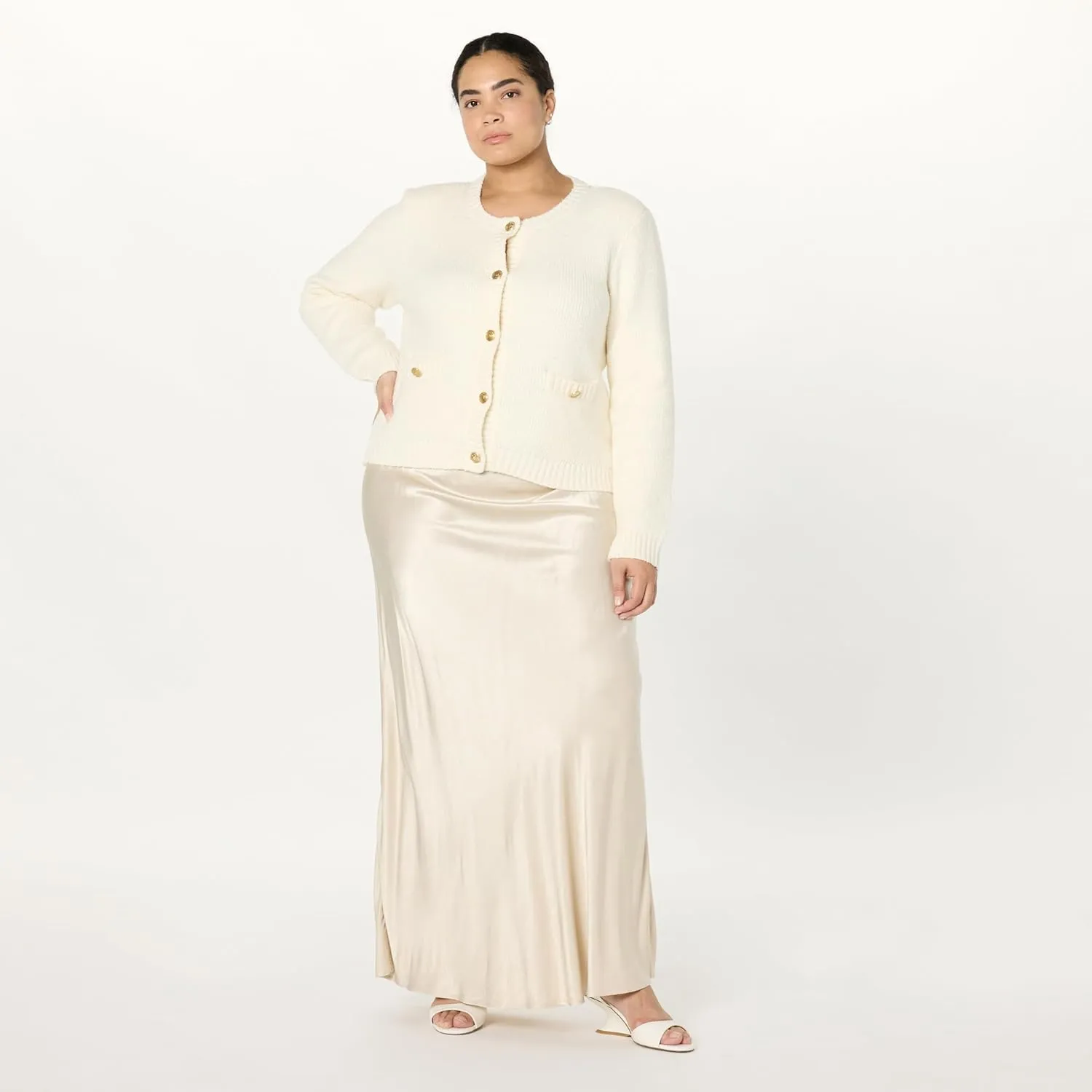 The Drop Women's Plus Size Janice Gold Button Fitted Sweater Cardigan