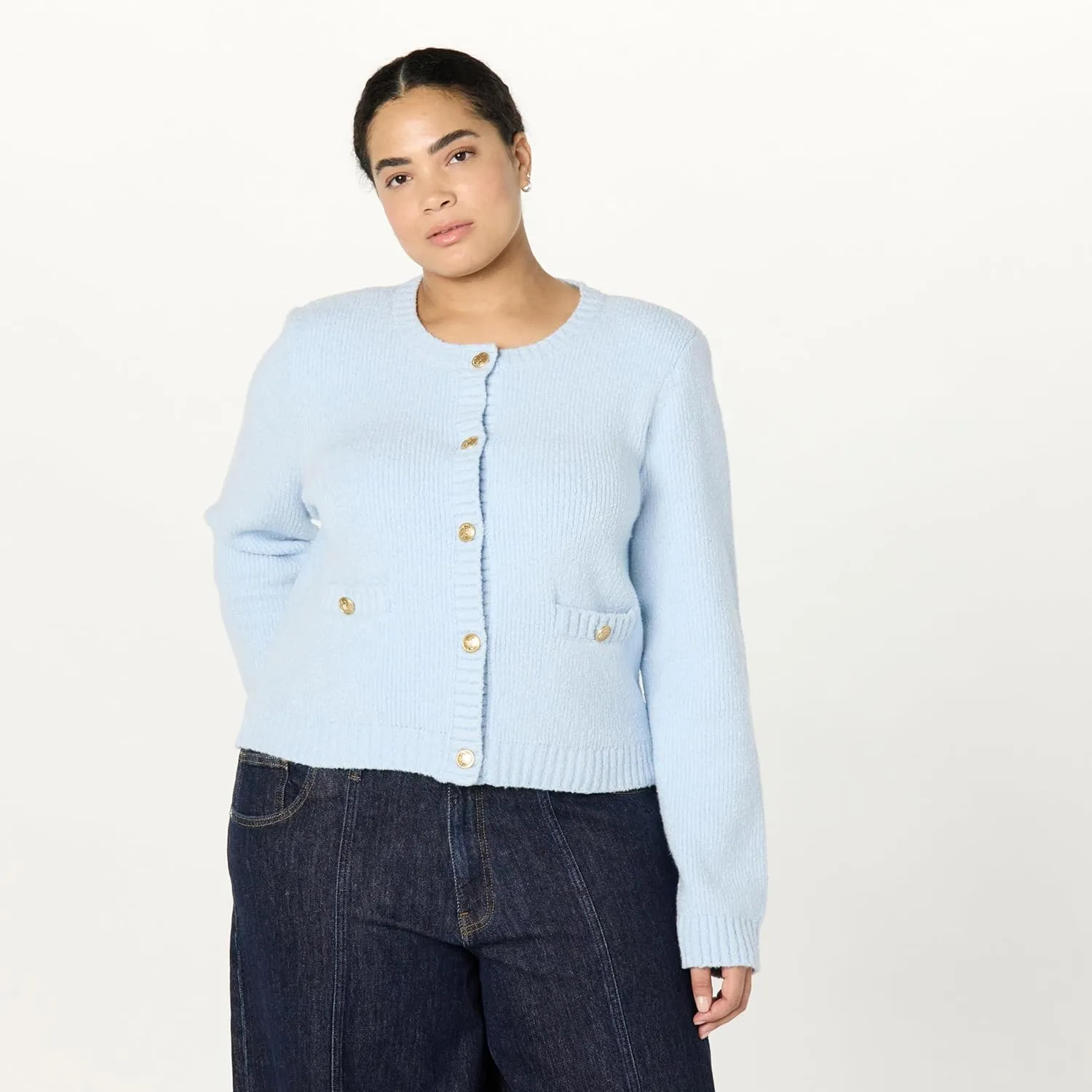 The Drop Women's Plus Size Janice Gold Button Fitted Sweater Cardigan