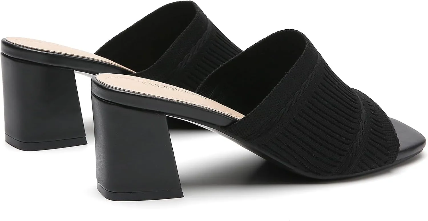 Tilocow Knit Heeled Sandals Chunky Low Block Heel Mules for Women Square Open Toe Heels Slip On Breathable Slides Sandal