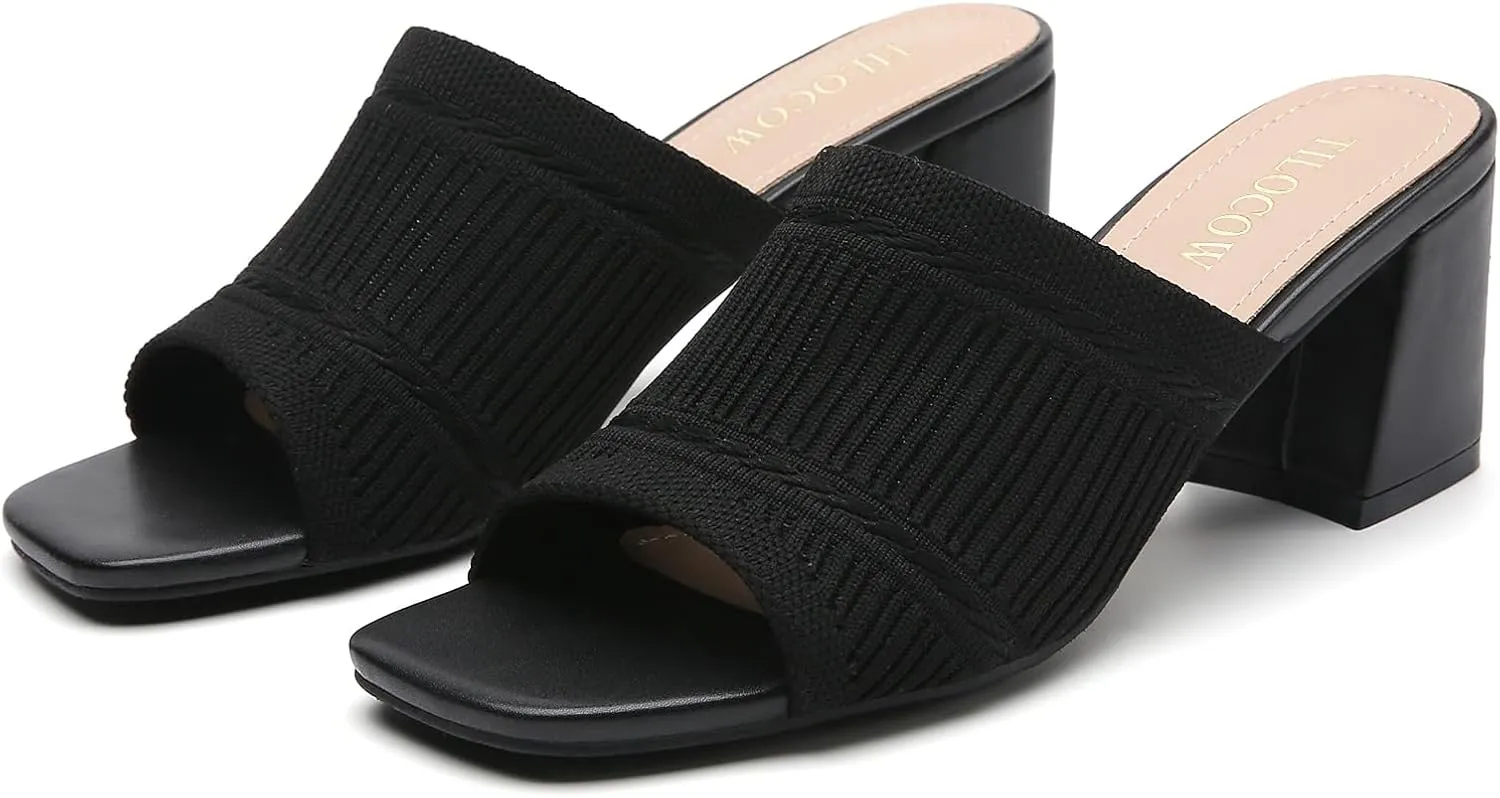 Tilocow Knit Heeled Sandals Chunky Low Block Heel Mules for Women Square Open Toe Heels Slip On Breathable Slides Sandal