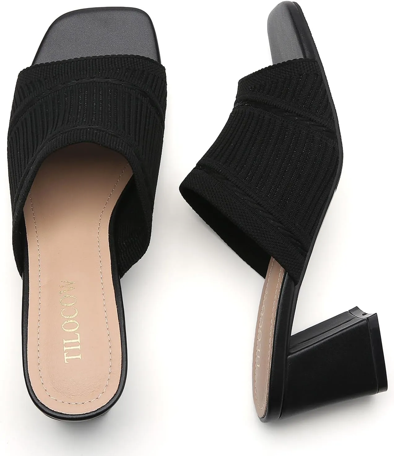 Tilocow Knit Heeled Sandals Chunky Low Block Heel Mules for Women Square Open Toe Heels Slip On Breathable Slides Sandal