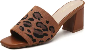 Tilocow Knit Heeled Sandals Chunky Low Block Heel Mules for Women Square Open Toe Heels Slip On Breathable Slides Sandal