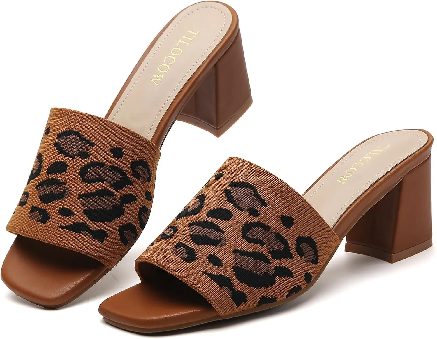 Tilocow Knit Heeled Sandals Chunky Low Block Heel Mules for Women Square Open Toe Heels Slip On Breathable Slides Sandal