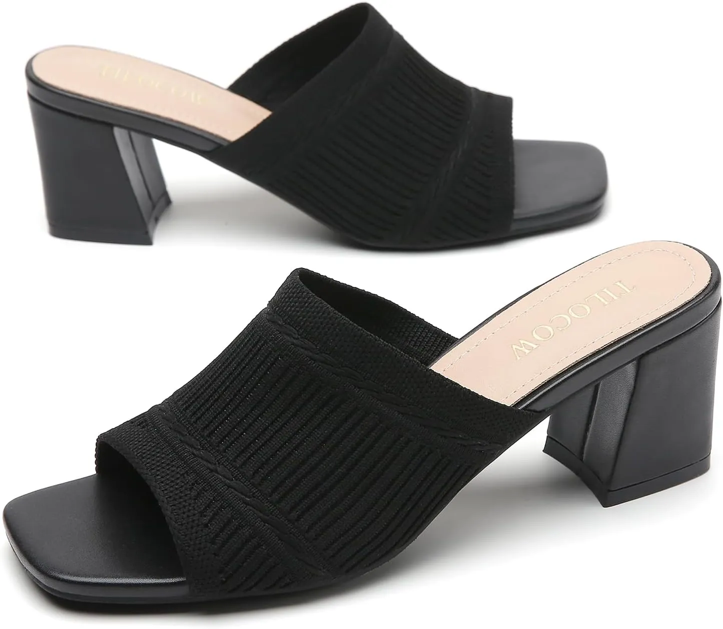 Tilocow Knit Heeled Sandals Chunky Low Block Heel Mules for Women Square Open Toe Heels Slip On Breathable Slides Sandal