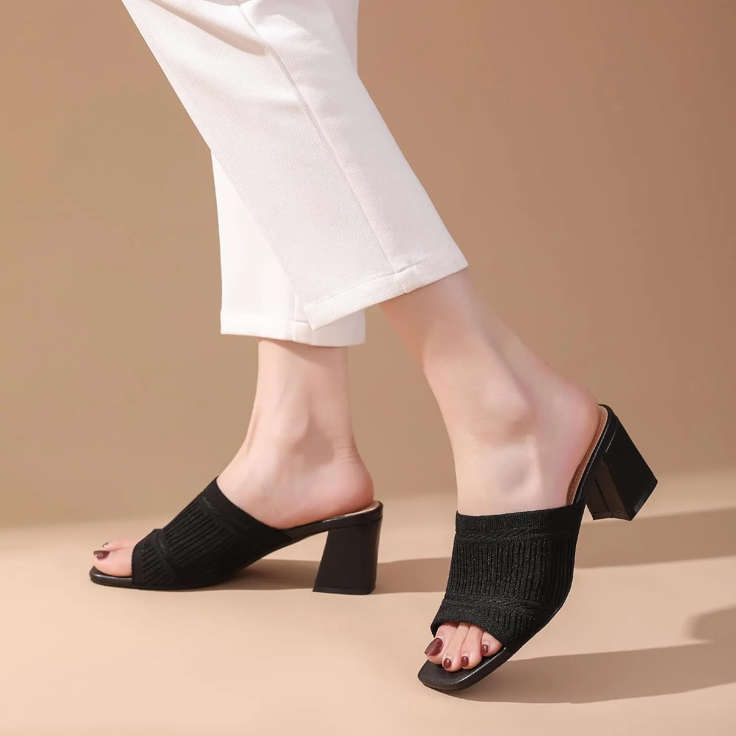 Tilocow Knit Heeled Sandals Chunky Low Block Heel Mules for Women Square Open Toe Heels Slip On Breathable Slides Sandal