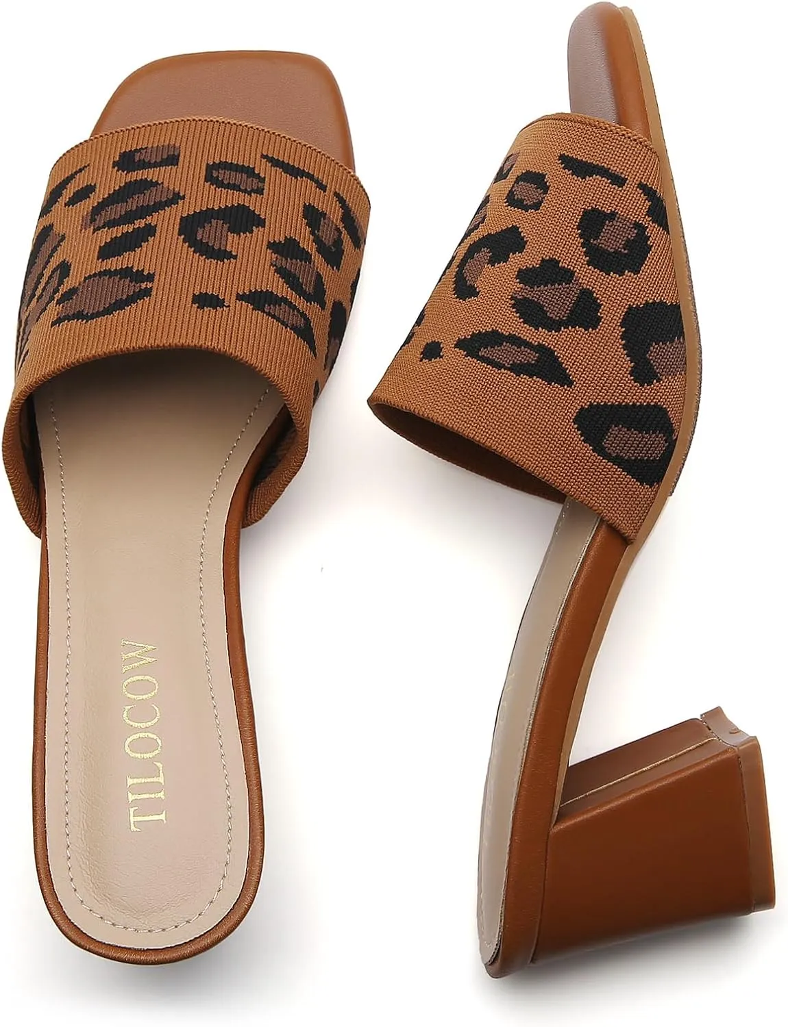 Tilocow Knit Heeled Sandals Chunky Low Block Heel Mules for Women Square Open Toe Heels Slip On Breathable Slides Sandal
