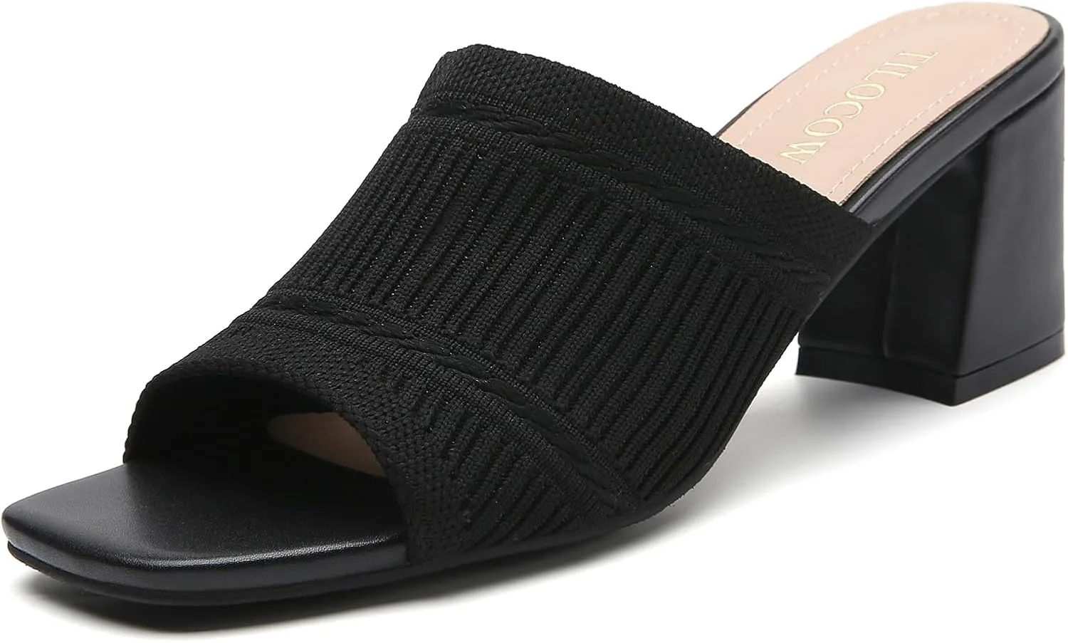 Tilocow Knit Heeled Sandals Chunky Low Block Heel Mules for Women Square Open Toe Heels Slip On Breathable Slides Sandal