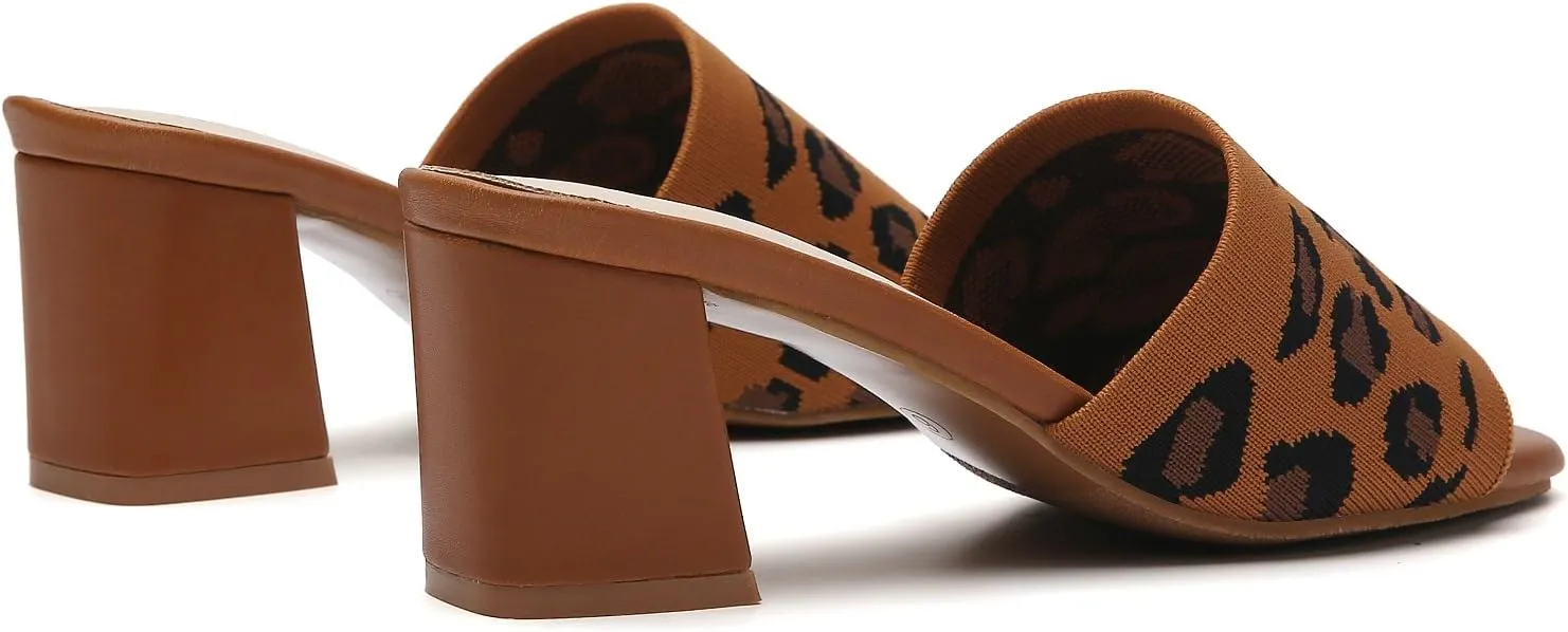 Tilocow Knit Heeled Sandals Chunky Low Block Heel Mules for Women Square Open Toe Heels Slip On Breathable Slides Sandal