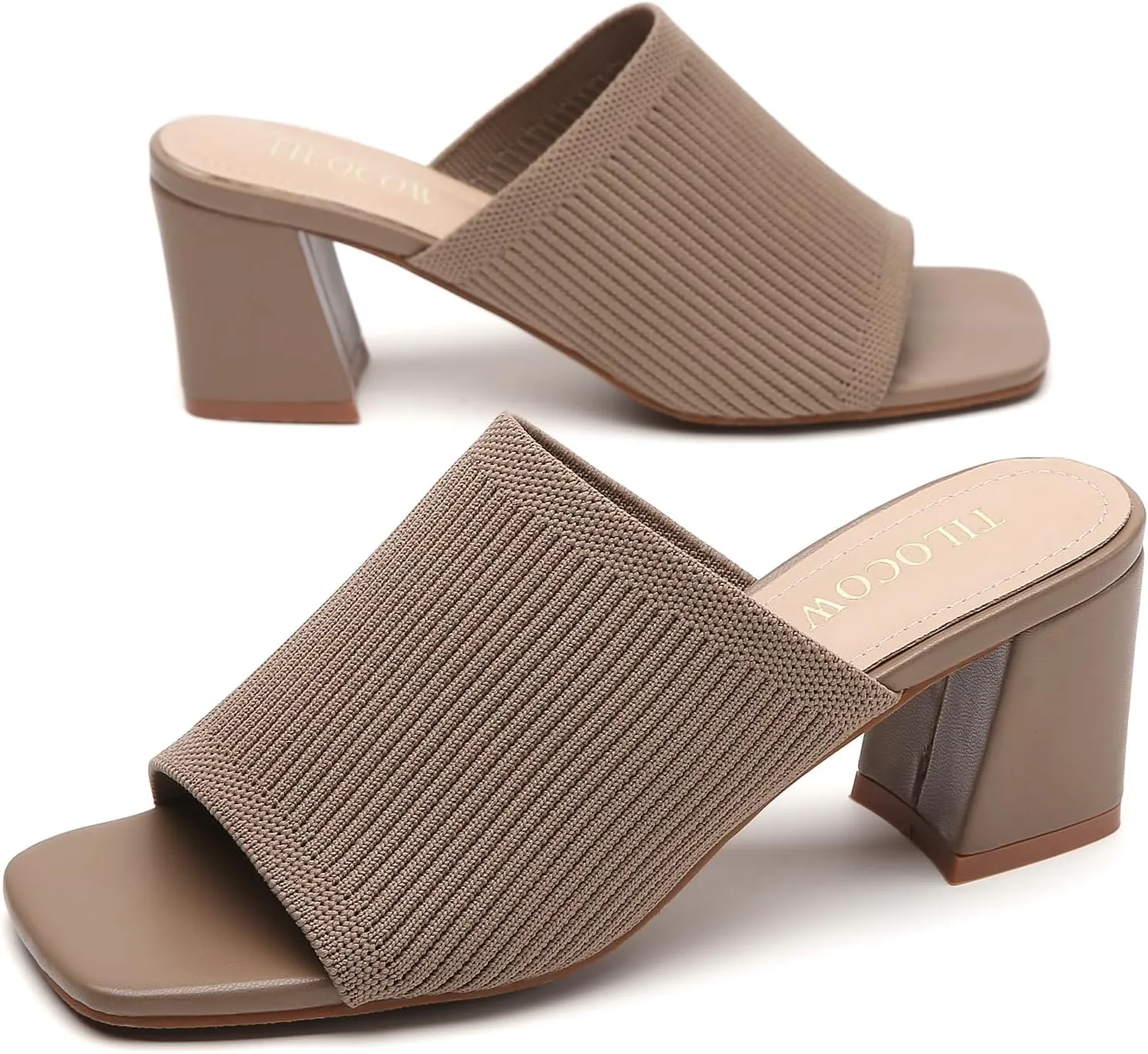 Tilocow Knit Heeled Sandals for Women Square Chunky Low Block Heel Mules Open Toe Slip On Breathable Slides Sandal Black
