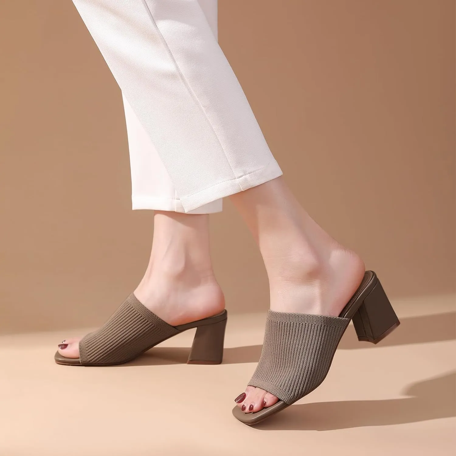 Tilocow Knit Heeled Sandals for Women Square Chunky Low Block Heel Mules Open Toe Slip On Breathable Slides Sandal Black
